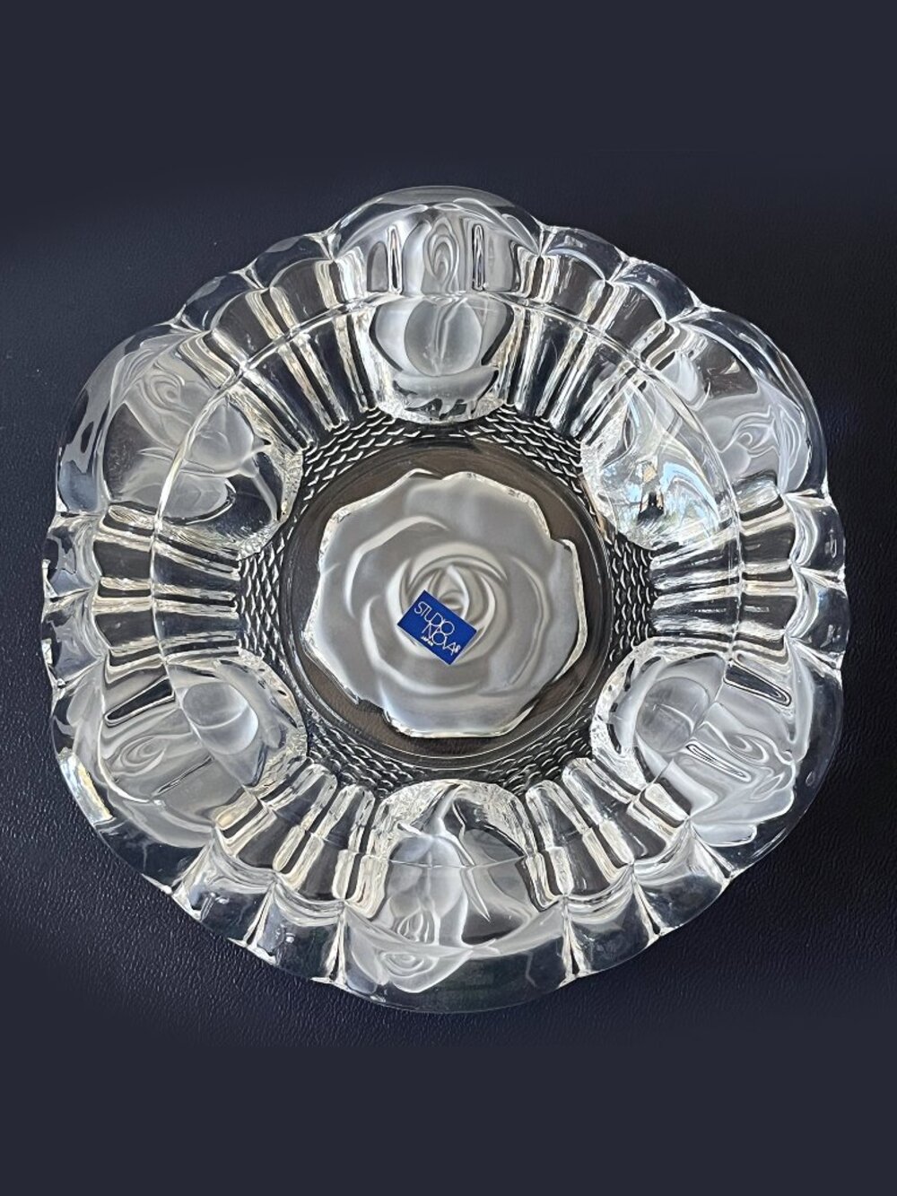 Vintage Studio Nova Glass Ashtray Winter Rose Frosted Floral 7" Large Japan